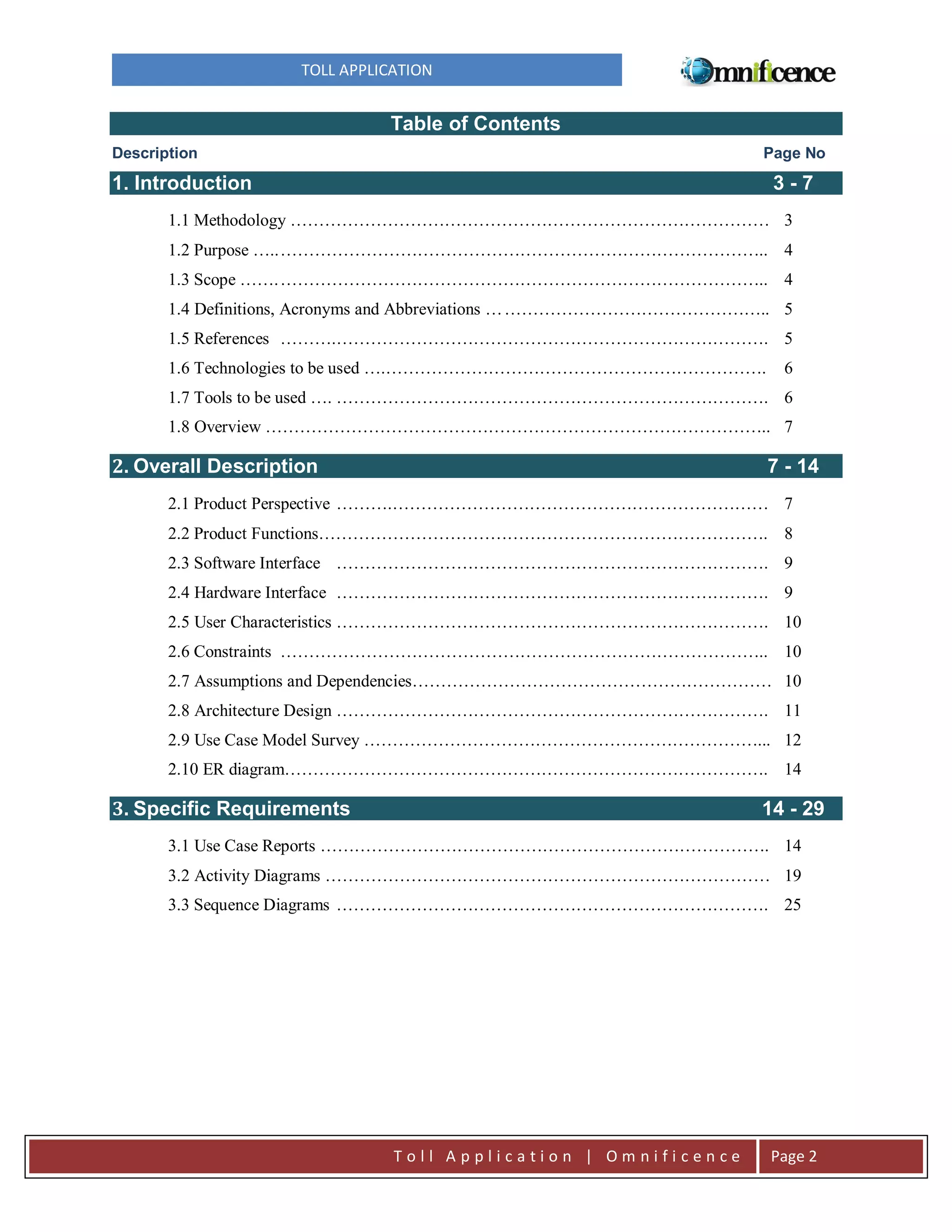 TOLL APPLICATION

Table of Contents
Description

Page No

1. Introduction

3-7

1.1 Methodology ………………………………………………………………………… 3
1.2 Purpose ….. ………………………………………………………………………….. 4
1.3 Scope ……. ………………………………………………………………………….. 4
1.4 Definitions, Acronyms and Abbreviations … ……………………………………….. 5
1.5 References ……….…………………………………………………………………. 5
1.6 Technologies to be used ….………………………………………………………….

6

1.7 Tools to be used …. …………………………………………………………………. 6
1.8 Overview …………………………………………………………………………….. 7

2. Overall Description

7 - 14

2.1 Product Perspective ……….………………………………………………………… 7
2.2 Product Functions……………………………………………………………………. 8
2.3 Software Interface …………………………………………………………………. 9
2.4 Hardware Interface …………………………………………………………………. 9
2.5 User Characteristics …………………………………………………………………. 10
2.6 Constraints ………………………………………………………………………….. 10
2.7 Assumptions and Dependencies……………………………………………………… 10
2.8 Architecture Design …………………………………………………………………. 11
2.9 Use Case Model Survey ……………………………………………………………... 12
2.10 ER diagram…………………………………………………………………………. 14

3. Specific Requirements

14 - 29

3.1 Use Case Reports ……………………………………………………………………. 14
3.2 Activity Diagrams …………………………………………………………………… 19
3.3 Sequence Diagrams …………………………………………………………………. 25

Toll Application | Omnificence

Page 2

 