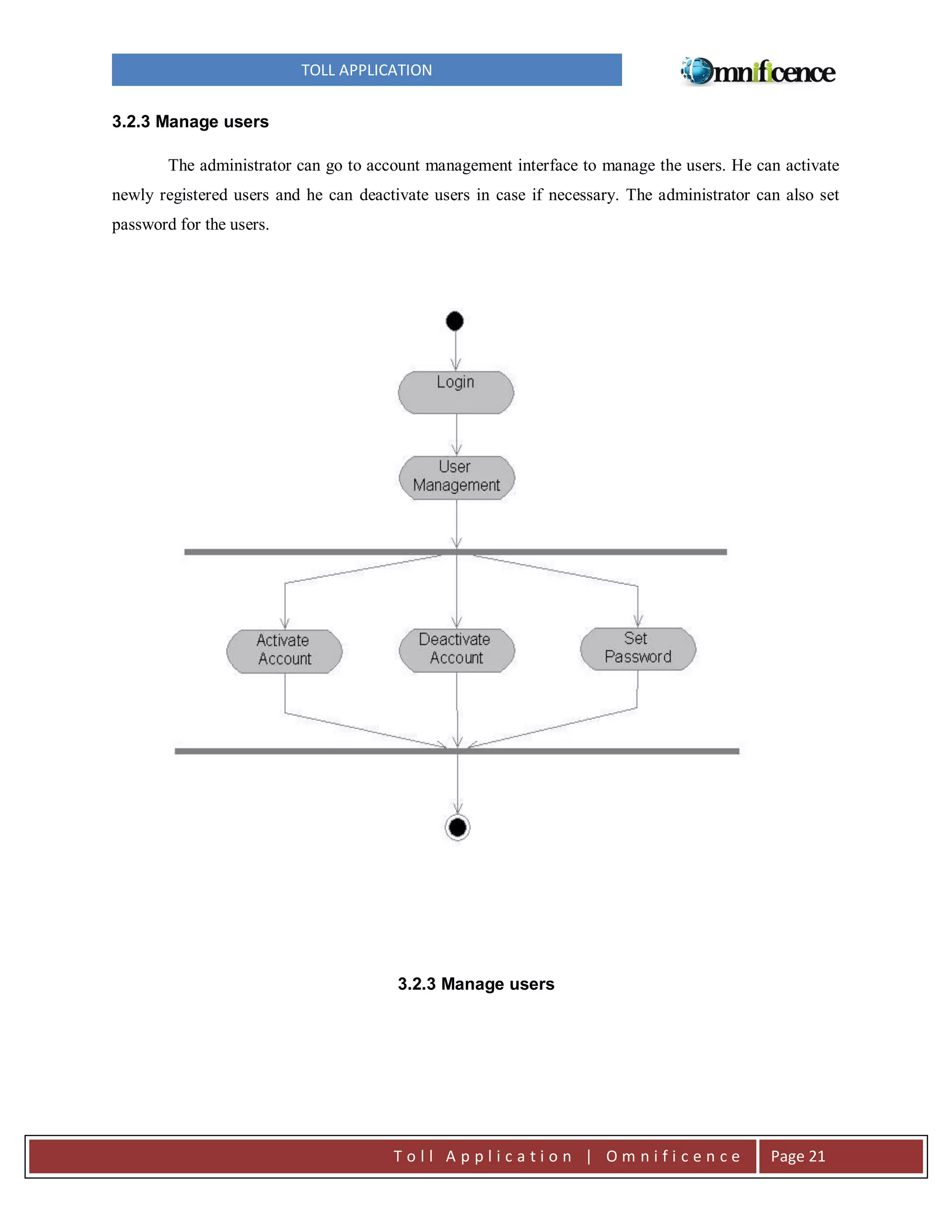TOLL APPLICATION
3.2.3 Manage users
The administrator can go to account management interface to manage the users. He can activate
newly registered users and he can deactivate users in case if necessary. The administrator can also set
password for the users.

3.2.3 Manage users

Toll Application | Omnificence

Page 21

 