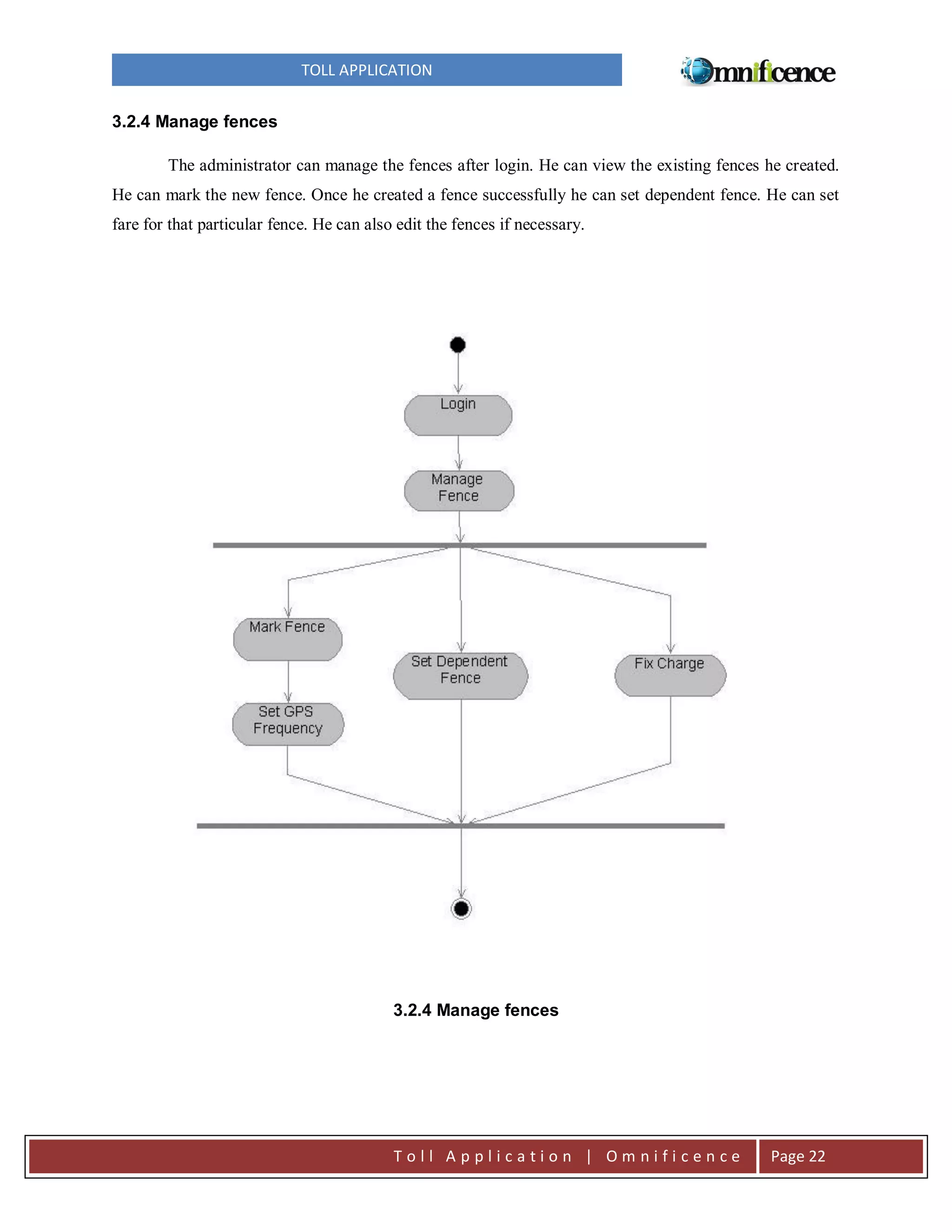 TOLL APPLICATION
3.2.4 Manage fences
The administrator can manage the fences after login. He can view the existing fences he created.
He can mark the new fence. Once he created a fence successfully he can set dependent fence. He can set
fare for that particular fence. He can also edit the fences if necessary.

3.2.4 Manage fences

Toll Application | Omnificence

Page 22

 