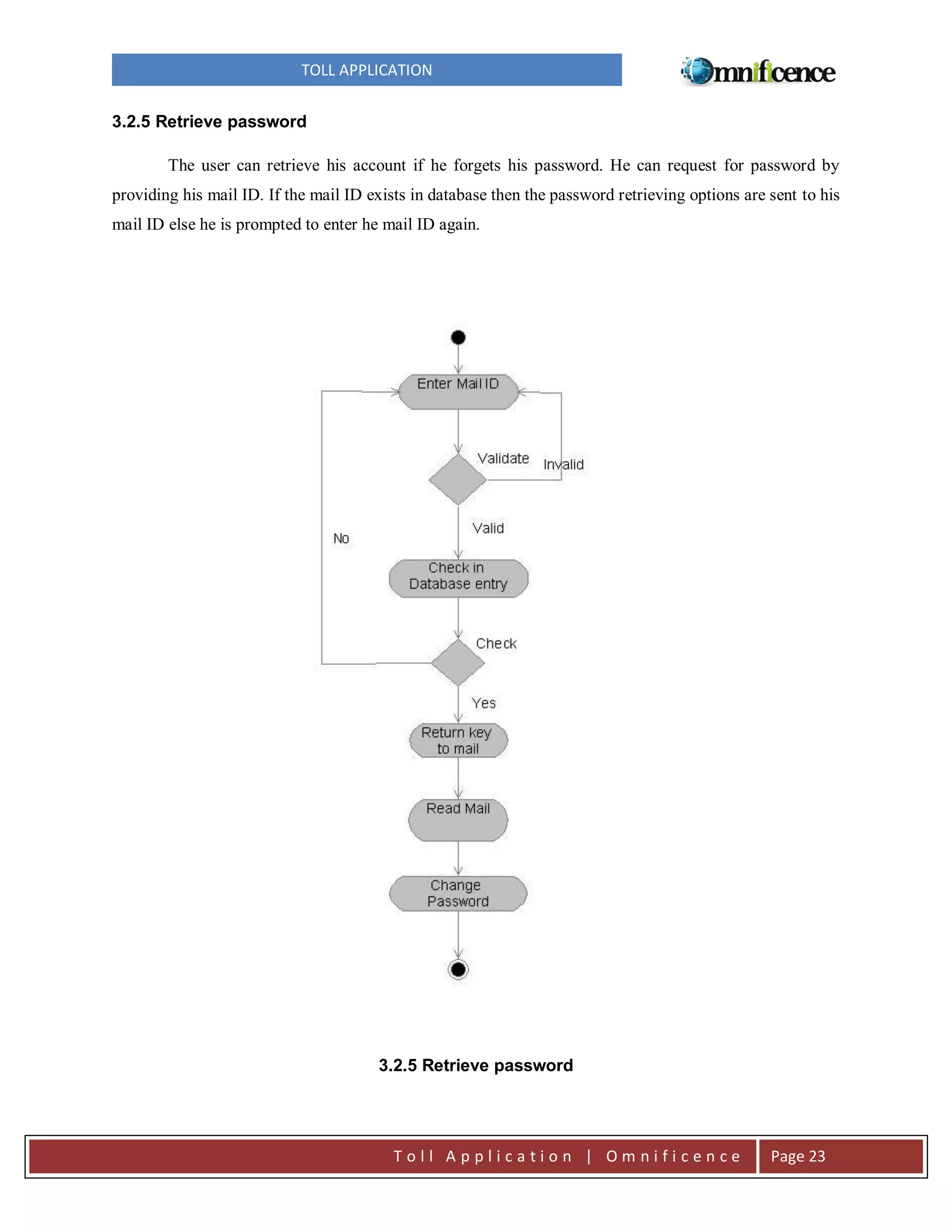 TOLL APPLICATION
3.2.5 Retrieve password
The user can retrieve his account if he forgets his password. He can request for password by
providing his mail ID. If the mail ID exists in database then the password retrieving options are sent to his
mail ID else he is prompted to enter he mail ID again.

3.2.5 Retrieve password

Toll Application | Omnificence

Page 23

 