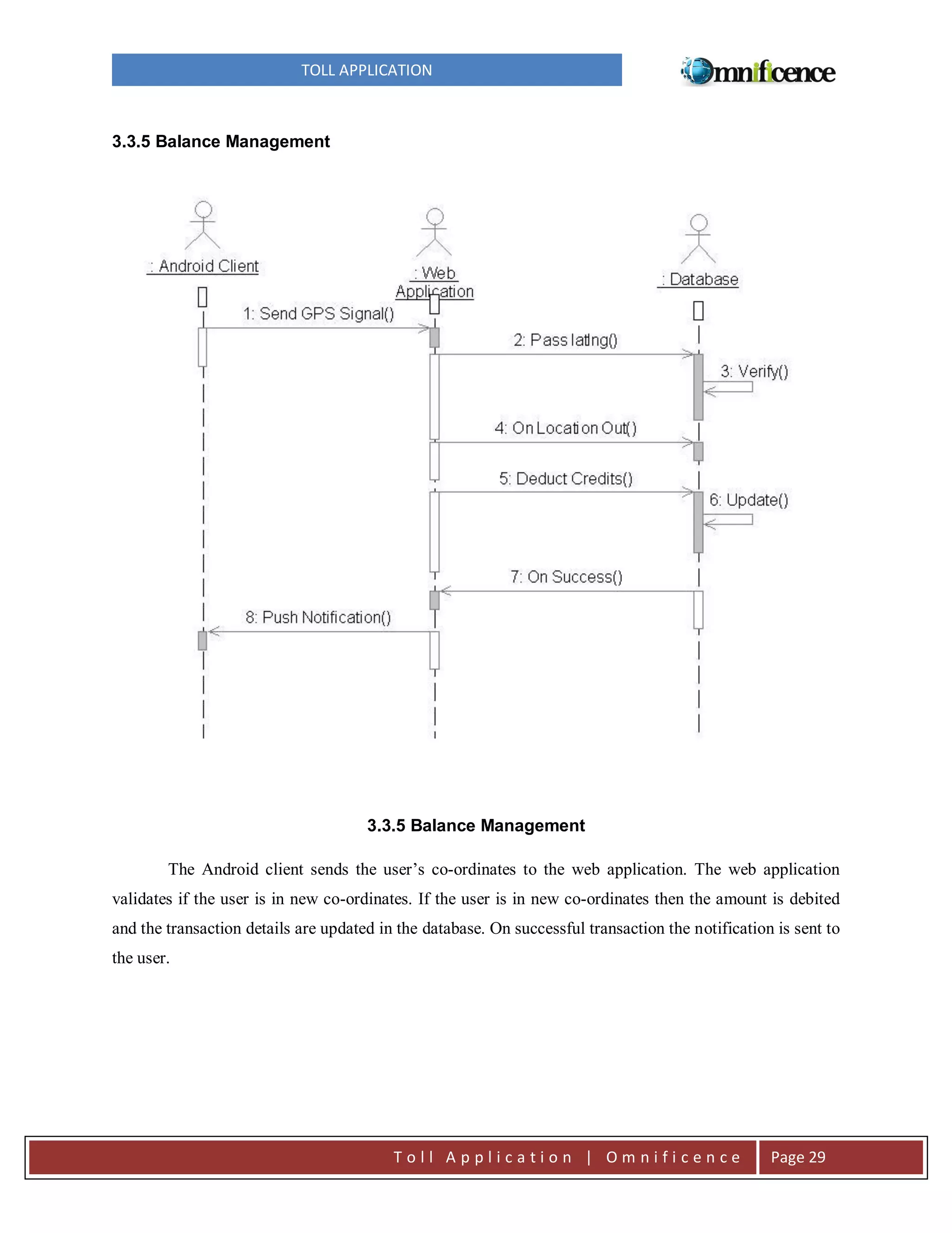 TOLL APPLICATION

3.3.5 Balance Management

3.3.5 Balance Management
The Android client sends the user’s co-ordinates to the web application. The web application
validates if the user is in new co-ordinates. If the user is in new co-ordinates then the amount is debited
and the transaction details are updated in the database. On successful transaction the notification is sent to
the user.

Toll Application | Omnificence

Page 29

 