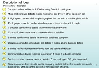 12 Database computer instructs mobile company to debit toll tax from customer mobile balance/bill. SMS is sent to customer for deduction of same. Description of Idea Process flow - description V 1 Car approaches toll booth & 1000 m away from toll booth gate. 2 Micro mobile tower detects mobile number of car driver + other people in car 3 A high speed camera clicks a photograph of the car, with a number plate visible. 4 Photograph + mobile number details are send to computer at toll booth 5 Computer sends these details to a communication system  6 Communication system send these details to a satellite 7 Satellite sends these details to a central database computer 8 Database computer sends back car details + mobile phone balance details 9 Satellite relays information received from the central computer 10 Communication device receives information & gives it to booth computer  11 Booth computer operator takes a decision & car is stopped OR gate is opened. 