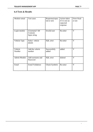 TOLLGATE MANAGEMENT APP PAGE 39
6.4 Tests & Results
Module tested Test cases Response(expec Action taken Error fixed
ted or not) if it is not an or not
expected
response
Login module (Username!=db Invalid user Re-enter Y
Content)
Input string
Vehicle Type Select vehicle SQL error Re-enter Y
details
Vehicle Add the vehicle Successfully added Y
Number number added
Admin Module Add username and SQL error deleted Y
Password
Email Email Validation Check Symbols Re-enter Y
-
 