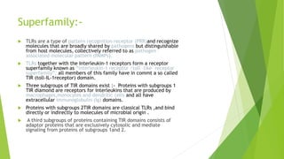 Superfamily:-
 TLRs are a type of pattern recognition receptor (PRR)and recognize
molecules that are broadly shared by pathogens but distinguishable
from host molecules, collectively referred to as pathogen –
associated molecular pattern (PAMPs).
 TLRs together with the Interleukin-1 receptors form a receptor
superfamily known as “interleukin-1 receptor /toll –like receptor
superfamily”; all members of this family have in commt a so called
TIR (toll-IL-1receptor) domain.
 Three subgroups of TIR domains exist :- Proteins with subgroups 1
TIR diamond are receptors for interleukins that are produced by
macrophages,monocytes and dendritic cells and all have
extracellular immunoglobulin (Ig) domains.
 Proteins with subgroups 2TIR domains are classical TLRs ,and bind
directly or indirectly to molecules of microbial origin .
 A third subgroups of proteins containing TIR domains consists of
adaptor proteins that are exclusively cytosolic and mediate
signaling from proteins of subgroups 1and 2.
 