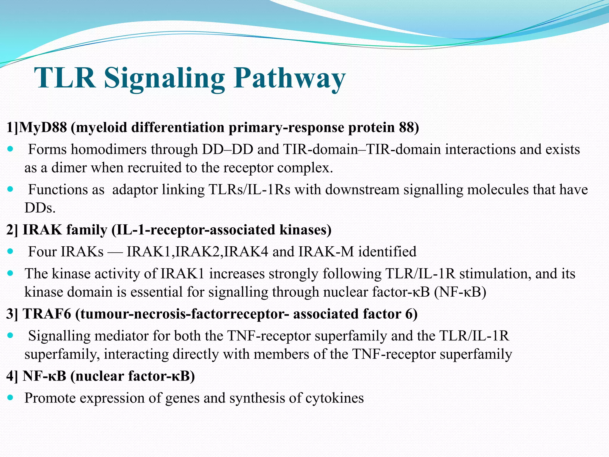 TLR Signaling Pathway
1]MyD88 (myeloid differentiation primary-response protein 88)
 Forms homodimers through DD–DD and TIR-domain–TIR-domain interactions and exists
   as a dimer when recruited to the receptor complex.
 Functions as adaptor linking TLRs/IL-1Rs with downstream signalling molecules that have
   DDs.
2] IRAK family (IL-1-receptor-associated kinases)
 Four IRAKs — IRAK1,IRAK2,IRAK4 and IRAK-M identified
 The kinase activity of IRAK1 increases strongly following TLR/IL-1R stimulation, and its
   kinase domain is essential for signalling through nuclear factor-κB (NF-κB)
3] TRAF6 (tumour-necrosis-factorreceptor- associated factor 6)
 Signalling mediator for both the TNF-receptor superfamily and the TLR/IL-1R
   superfamily, interacting directly with members of the TNF-receptor superfamily
4] NF-κB (nuclear factor-κB)
 Promote expression of genes and synthesis of cytokines
 