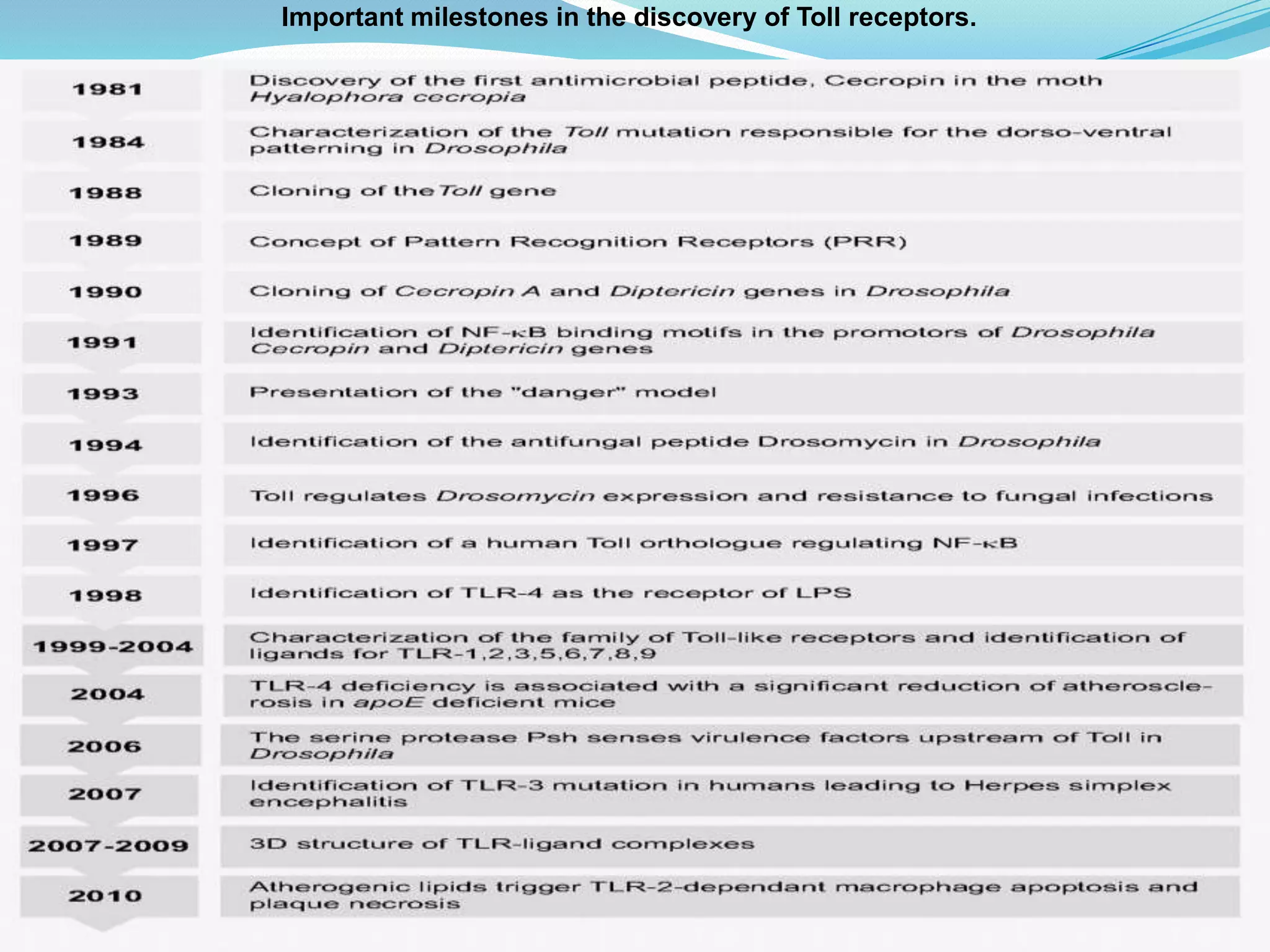 Important milestones in the discovery of Toll receptors.
 