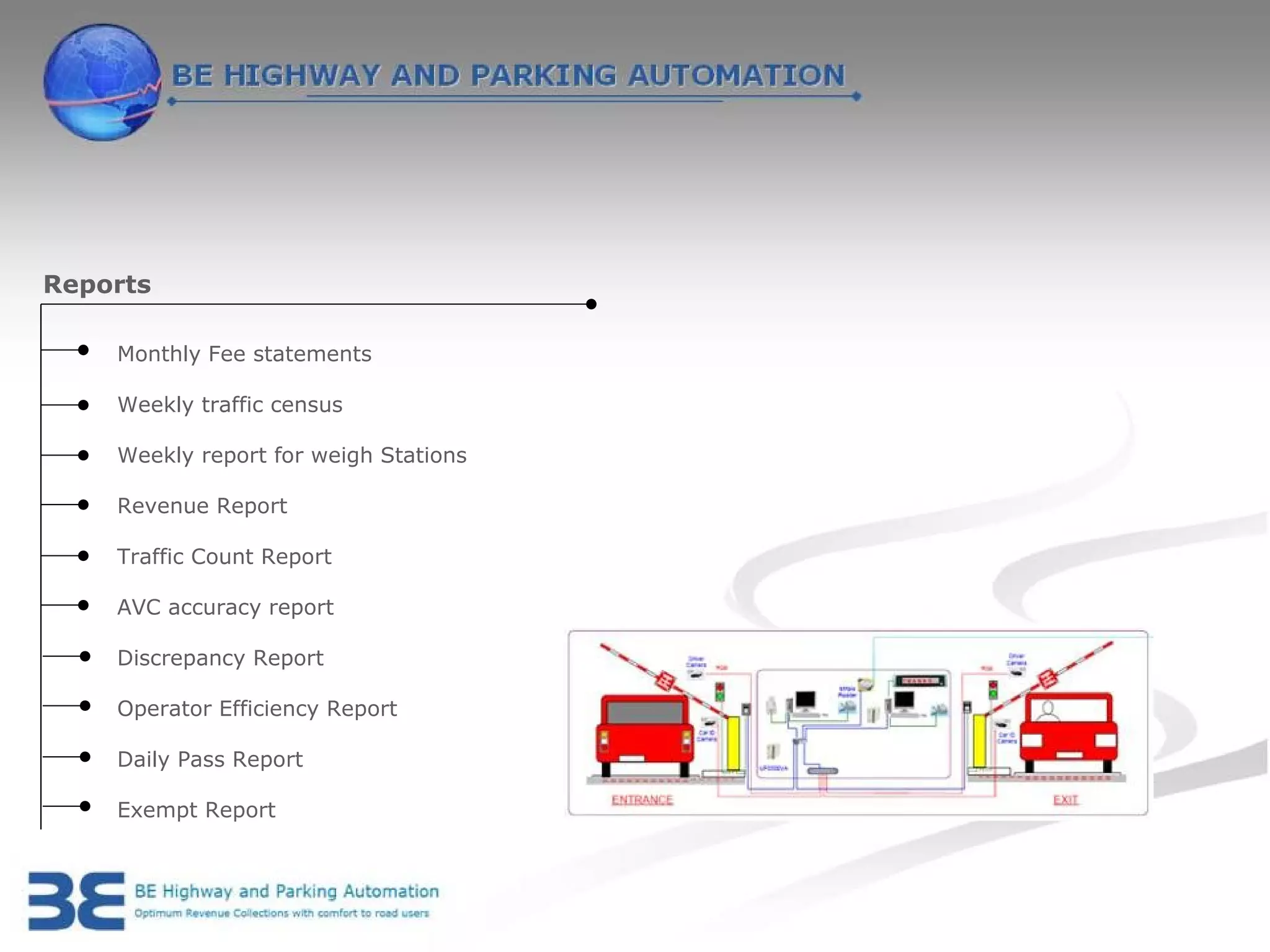 Reports

    Monthly Fee statements

    Weekly traffic census

    Weekly report for weigh Stations

    Revenue Report

    Traffic Count Report

    AVC accuracy report

    Discrepancy Report

    Operator Efficiency Report

    Daily Pass Report

    Exempt Report
 