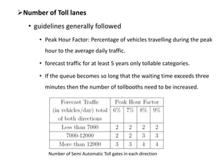 Number of Toll lanes
• guidelines generally followed
• Peak Hour Factor: Percentage of vehicles travelling during the peak
hour to the average daily traffic.
• forecast traffic for at least 5 years only tollable categories.
• If the queue becomes so long that the waiting time exceeds three
minutes then the number of tollbooths need to be increased.
Number of Semi Automatic Toll gates in each direction
 