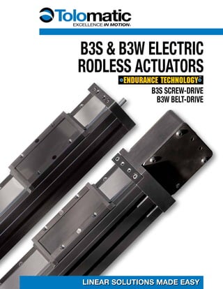 B3s & b3w Electric
Rodless actuators
B3s Screw-Drive
B3W Belt-Drive
LINEAR SOLUTIONS MADE EASYLINEAR SOLUTIONS MADE EASY
 