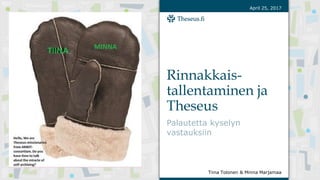 Rinnakkais-
tallentaminen ja
Theseus
Palautetta kyselyn
vastauksiin
April 25, 2017
Tiina Tolonen & Minna Marjamaa
 