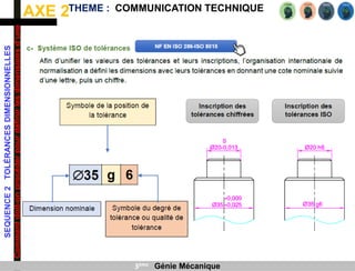 AXE 2
SEQUENCE
2
TOLÉRANCES
DIMENSIONNELLES
Comment
doit-on
procéder
pour
définir
les
dimensions
d’une
pièce
?
THEME : COMMUNICATION TECHNIQUE
3ème Génie Mécanique
 
