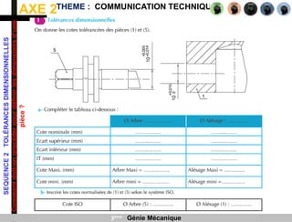 AXE 2
SEQUENCE
2
TOLÉRANCES
DIMENSIONNELLES
Comment
doit-on
procéder
pour
définir
les
dimensions
d’une
pièce
?
THEME : COMMUNICATION TECHNIQUE
3ème Génie Mécanique
 