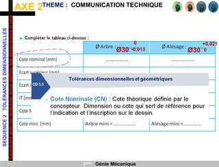 AXE 2
SEQUENCE
2
TOLÉRANCES
DIMENSIONNELLES
Comment
doit-on
procéder
pour
définir
les
dimensions
d’une
pièce
?
THEME : COMMUNICATION TECHNIQUE
3ème Génie Mécanique
Ø30
0
-0,013 Ø30
+0,021
0
 