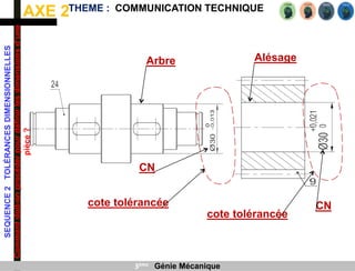 AXE 2
SEQUENCE
2
TOLÉRANCES
DIMENSIONNELLES
Comment
doit-on
procéder
pour
définir
les
dimensions
d’une
pièce
?
THEME : COMMUNICATION TECHNIQUE
3ème Génie Mécanique
Arbre Alésage
cote tolérancée
cote tolérancée
CN
CN
 