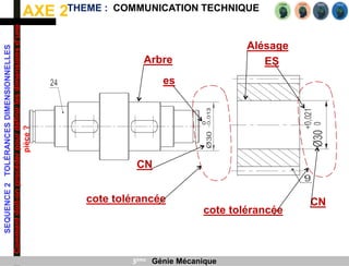 AXE 2
SEQUENCE
2
TOLÉRANCES
DIMENSIONNELLES
Comment
doit-on
procéder
pour
définir
les
dimensions
d’une
pièce
?
THEME : COMMUNICATION TECHNIQUE
3ème Génie Mécanique
Arbre
Alésage
cote tolérancée
cote tolérancée
CN
CN
es
ES
 