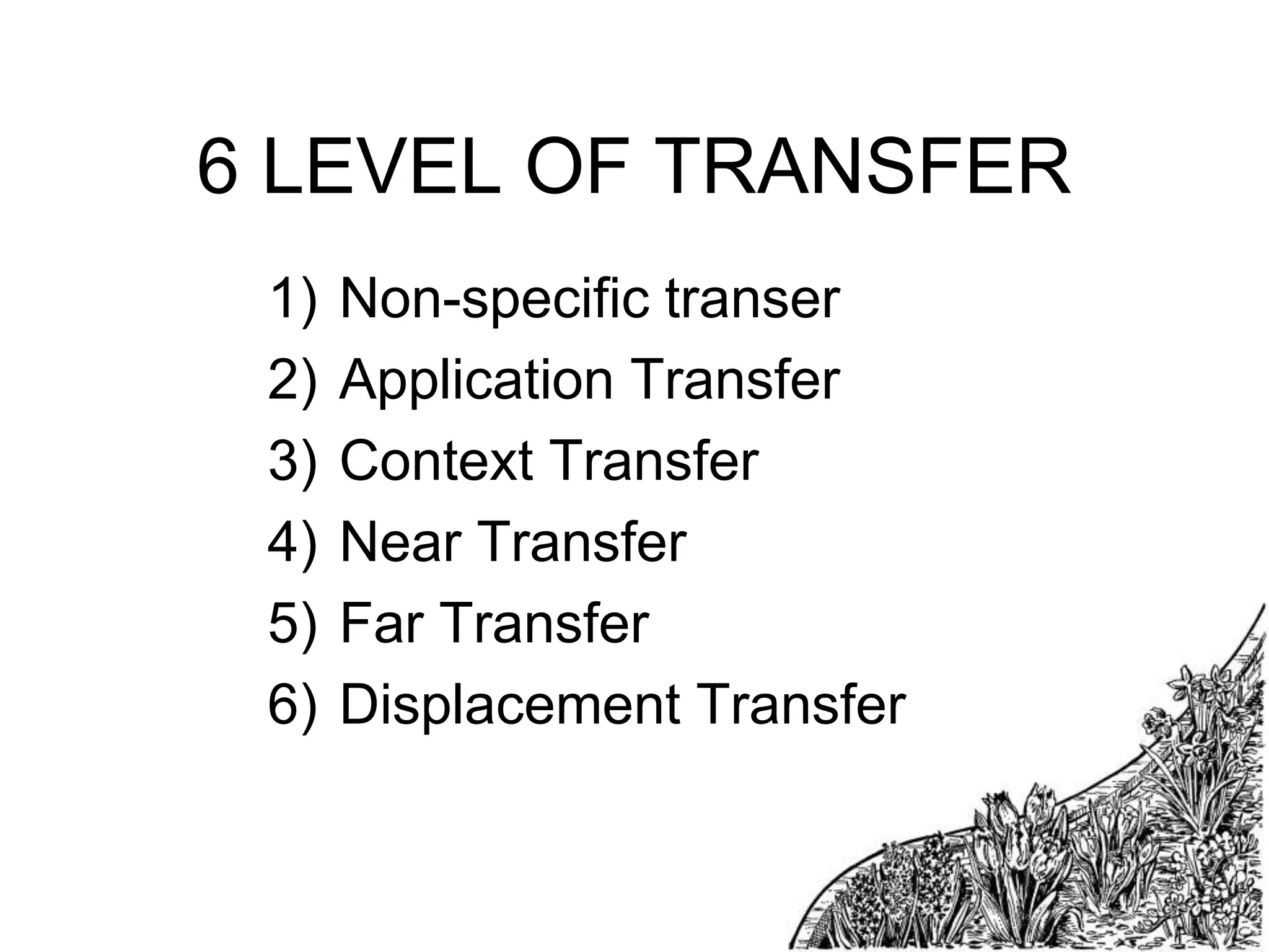 6 LEVEL OF TRANSFER
1)
2)
3)
4)
5)
6)

Non-specific transer
Application Transfer
Context Transfer
Near Transfer
Far Transfer
Displacement Transfer

 