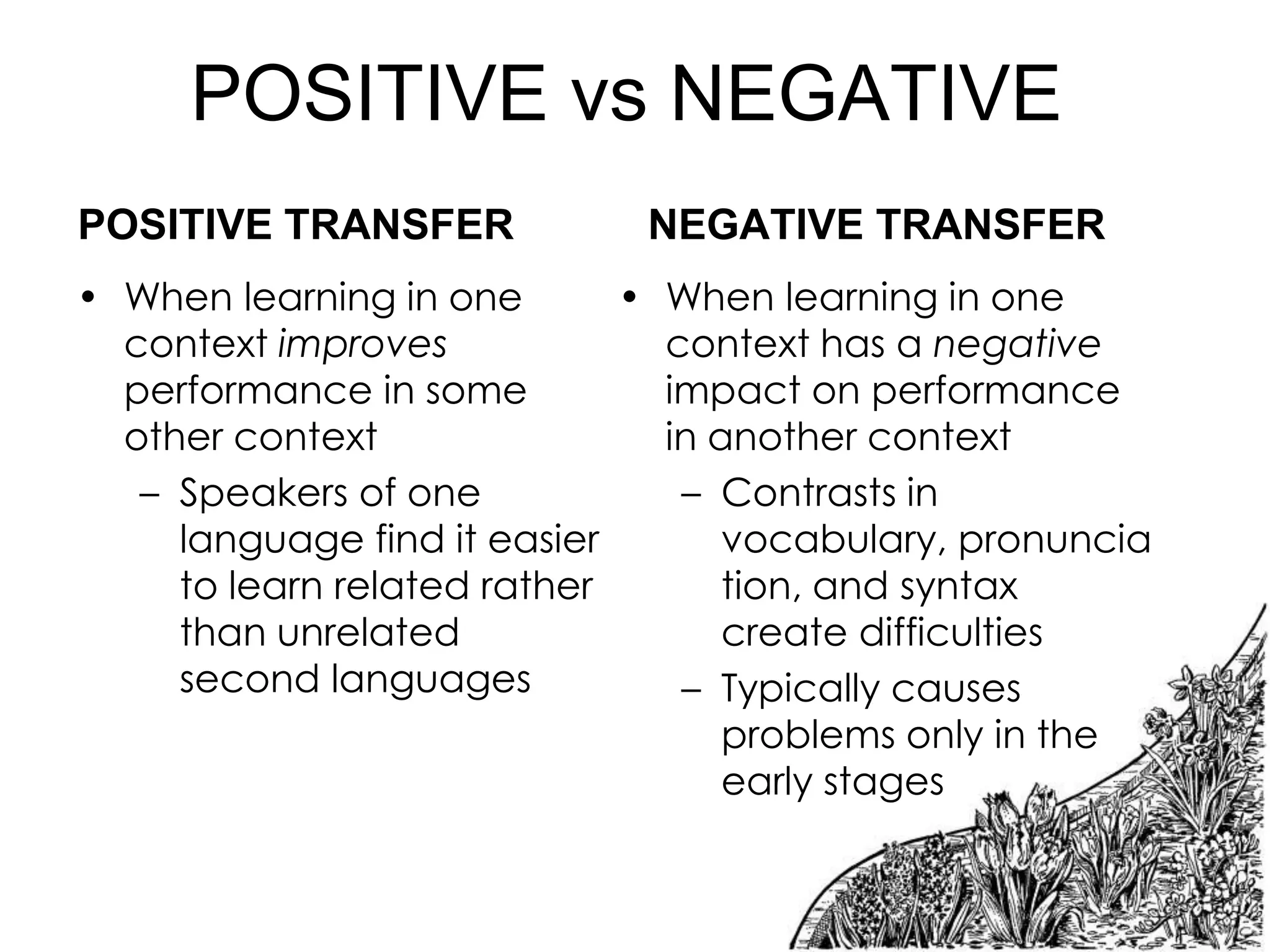 POSITIVE vs NEGATIVE
POSITIVE TRANSFER

NEGATIVE TRANSFER

• When learning in one
• When learning in one
context improves
context has a negative
performance in some
impact on performance
other context
in another context
– Speakers of one
– Contrasts in
language find it easier
vocabulary, pronuncia
to learn related rather
tion, and syntax
than unrelated
create difficulties
second languages
– Typically causes
problems only in the
early stages

 