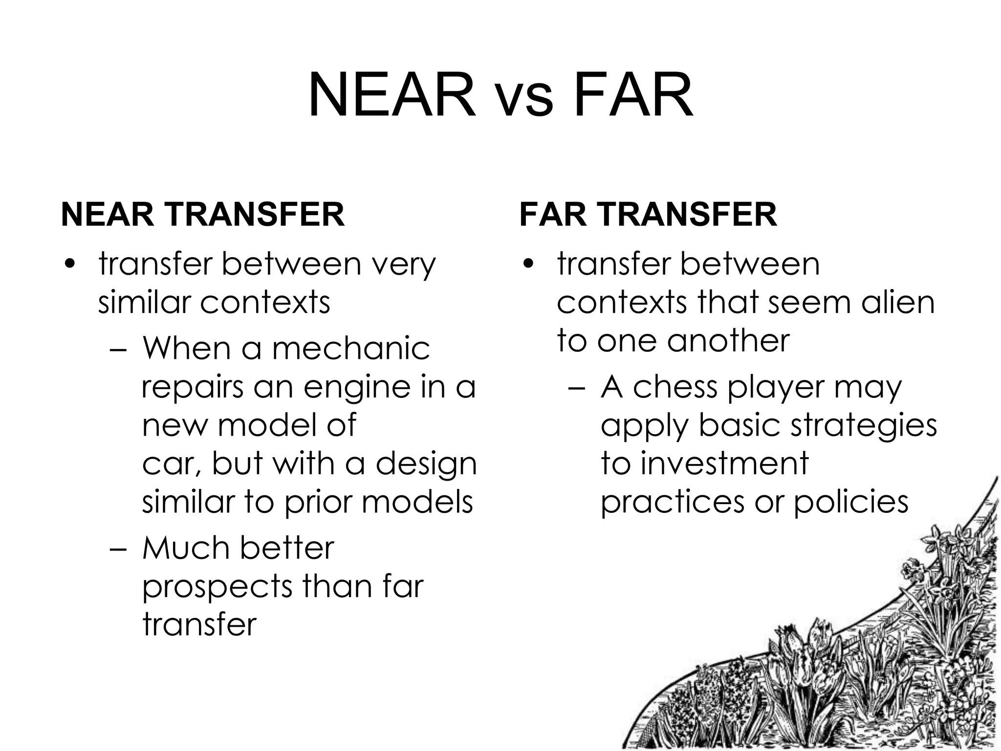 NEAR vs FAR
NEAR TRANSFER
• transfer between very
similar contexts
– When a mechanic
repairs an engine in a
new model of
car, but with a design
similar to prior models
– Much better
prospects than far
transfer

FAR TRANSFER
• transfer between
contexts that seem alien
to one another
– A chess player may
apply basic strategies
to investment
practices or policies

 