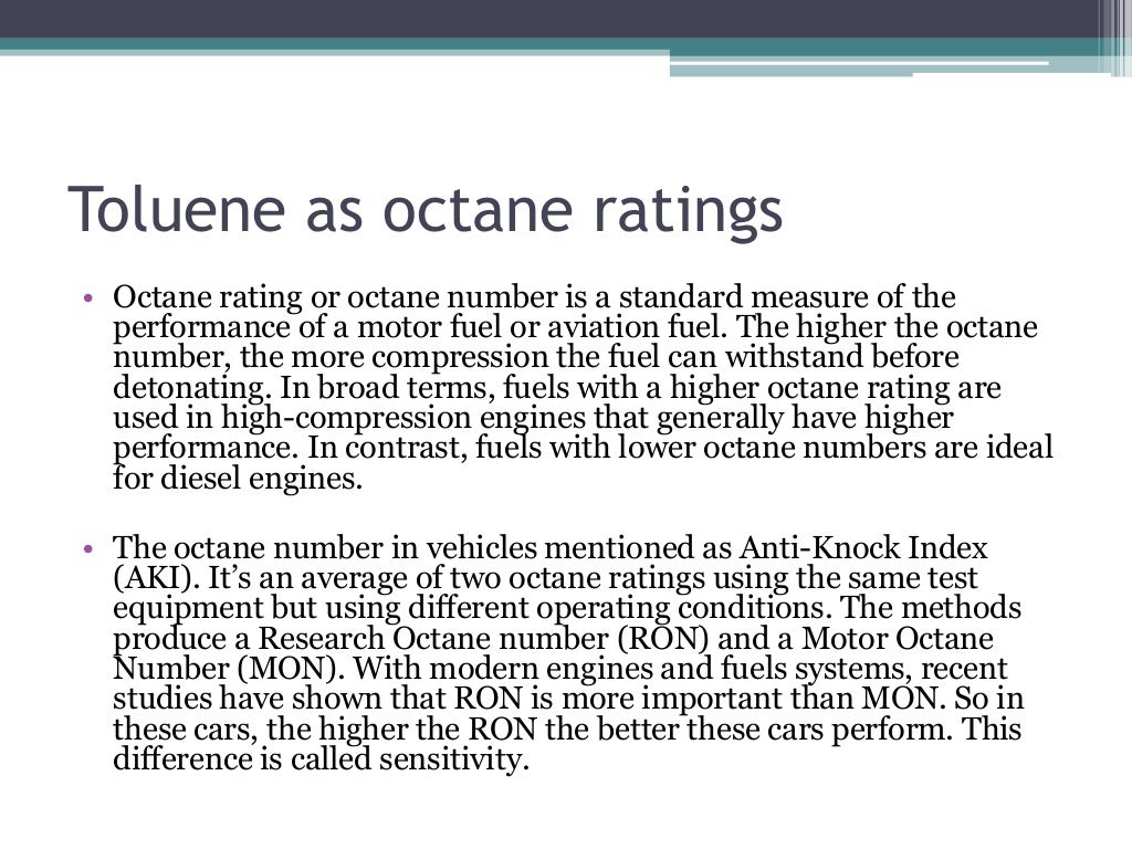 Toluene as octane booster, Fuel additive