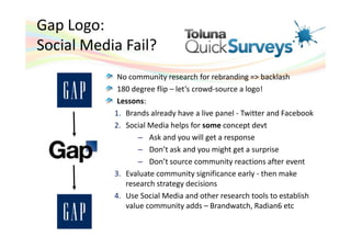 Gap Logo:
Social Media Fail?
            No community research for rebranding => backlash
            180 degree flip – let’s crowd-source a logo!
            Lessons:
           1. Brands already have a live panel - Twitter and Facebook
           2. Social Media helps for some concept devt
                  – Ask and you will get a response
                  – Don’t ask and you might get a surprise
                  – Don’t source community reactions after event
           3. Evaluate community significance early - then make
              research strategy decisions
           4. Use Social Media and other research tools to establish
              value community adds – Brandwatch, Radian6 etc
 