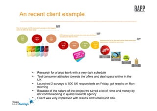 An recent client example




    •   Research for a large bank with a very tight schedule
    •   Test consumer attitudes towards the offers and deal space online in the
        UK
    •   Launched 2 surveys to 500 UK respondents on Friday, got results on Mon
        morning
    •   Because of the nature of the project we saved a lot of time and money by
        not commissioning to quant research agency
    •   Client was very impressed with results and turnaround time
 