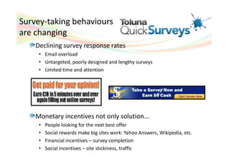 Survey-taking behaviours
are changing
    Declining survey response rates
     • Email overload
     • Untargeted, poorly designed and lengthy surveys
     • Limited time and attention




    Monetary incentives not only solution...
     •   People looking for the next best offer
     •   Social rewards make big sites work: Yahoo Answers, Wikipedia, etc.
     •   Financial incentives – survey completion
     •   Social incentives – site stickiness, traffic
 