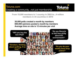 Toluna.com
Creating a community...not just membership
     From 10,000 members in 1 country in 2003 to...4 million
               members in 34 countries in 2010

         30,000 polls created a month by members
         600,000 opinions posted a month by members
         Average time on site is 12 minutes per visit

                                               “Do you Recycle
      “Will you buy the                        to feel less guilty
         new iPad?                                 about the
                                                environment?”



  “Smokers, thinking
  about quitting, if so                            “Do you do your
        how?”                                      weekly food shop
                                                      online?”
 