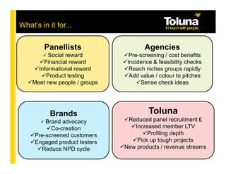 What’s in it for...

         Panellists                   Agencies
          Social reward          Pre-screening / cost benefits
        Financial reward        Incidence & feasibility checks
      Informational reward       Reach niches groups rapidly
         Product testing         Add value / colour to pitches
    Meet new people / groups         Sense check ideas




           Brands                       Toluna
         Brand advocacy         Reduced panel recruitment £
           Co-creation            Increased member LTV
     Pre-screened customers            Profiling depth
     Engaged product testers       Pick up tough projects
       Reduce NPD cycle        New products / revenue streams
 