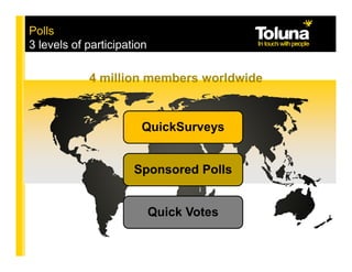 Polls
3 levels of participation

            4 million members worldwide


                       QuickSurveys


                      Sponsored Polls


                            Quick Votes
 
