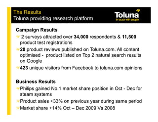 The Results
Toluna providing research platform

 Campaign Results
   2 surveys attracted over 34,000 respondents & 11,500
  product test registrations
  28 product reviews published on Toluna.com. All content
  optimised - product listed on Top 2 natural search results
  on Google
  423 unique visitors from Facebook to toluna.com opinions

 Business Results
  Philips gained No.1 market share position in Oct - Dec for
  steam systems
  Product sales +33% on previous year during same period
  Market share +14% Oct – Dec 2009 Vs 2008
 