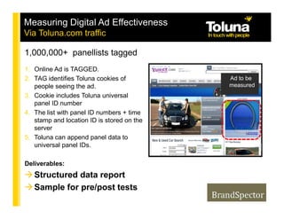 Measuring Digital Ad Effectiveness
Via Toluna.com traffic

1,000,000+ panellists tagged
1. Online Ad is TAGGED.
2. TAG identifies Toluna cookies of         Ad to be
   people seeing the ad.                    measured
3. Cookie includes Toluna universal
   panel ID number
4. The list with panel ID numbers + time
   stamp and location ID is stored on the
   server
5. Toluna can append panel data to
   universal panel IDs.

Deliverables:
   Structured data report
   Sample for pre/post tests
 