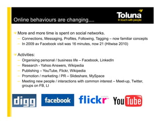 Online behaviours are changing....

 More and more time is spent on social networks.
 – Connections, Messaging, Profiles, Following, Tagging – now familiar concepts
 – In 2009 av Facebook visit was 16 minutes, now 21 (Hitwise 2010)

 Activities:
 – Organising personal / business life – Facebook, LinkedIn
 – Research - Yahoo Answers, Wikipedia
 – Publishing – YouTube, Flickr, Wikipedia
 – Promotion / marketing / PR – Slideshare, MySpace
 – Meeting new people / interactions with common interest – Meet-up, Twitter,
   groups on FB, LI
 