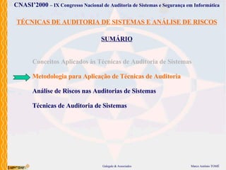 TÉCNICAS DE AUDITORIA DE SISTEMAS E ANÁLISE DE RISCOS SUMÁRIO Conceitos Aplicados às Técnicas de Auditoria de Sistemas Metodologia para Aplicação de Técnicas de Auditoria Análise de Riscos nas Auditorias de Sistemas Técnicas de Auditoria de Sistemas 
