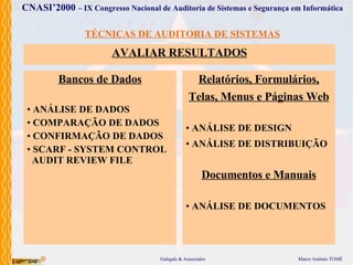 TÉCNICAS DE AUDITORIA DE SISTEMAS Relatórios, Formulários, Telas, Menus e Páginas Web ANÁLISE DE DESIGN ANÁLISE DE DISTRIBUIÇÃO Documentos e Manuais ANÁLISE DE DOCUMENTOS Bancos de Dados ANÁLISE DE DADOS COMPARAÇÃO DE DADOS CONFIRMAÇÃO DE DADOS SCARF - SYSTEM CONTROL AUDIT REVIEW FILE AVALIAR RESULTADOS 
