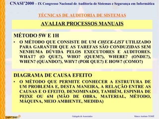 TÉCNICAS DE AUDITORIA DE SISTEMAS AVALIAR PROCESSOS  MANUAIS MÉTODO 5W E 1H O MÉTODO  QUE CONSISTE DE UM  CHECK-LIST  UTILIZADO PARA GARANTIR QUE AS TAREFAS SÃO CONDUZIDAS SEM NENHUMA DÚVIDA PELOS EXECUTORES E AUDITORES .  WHAT? (O QUE?), WHO? (QUEM?), WHERE? (ONDE?), WHEN? (QUANDO?), WHY? (POR QUE?) E HOW? (COMO?) DIAGRAMA DE CAUSA EFEITO O MÉTODO  QUE PERMITE CONHECER A ESTRUTURA DE UM PROBLEMA E, DESTA MANEIRA, A RELAÇÃO ENTRE AS CAUSAS E O EFEITO. DENOMINADO, TAMBÉM, ESPINHA DE PEIXE OU 6M (MÃO DE OBRA, MATERIAL, MÉTODO, MÁQUINA, MEIO AMBIENTE, MEDIDA)  