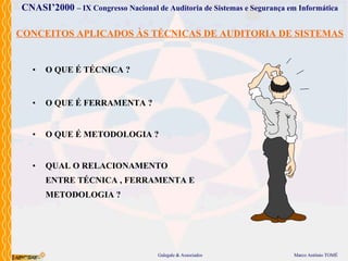 CONCEITOS APLICADOS ÀS TÉCNICAS DE AUDITORIA DE SISTEMAS O QUE É TÉCNICA ? O QUE É FERRAMENTA ? O QUE É METODOLOGIA ? QUAL O RELACIONAMENTO ENTRE TÉCNICA , FERRAMENTA E METODOLOGIA ? 