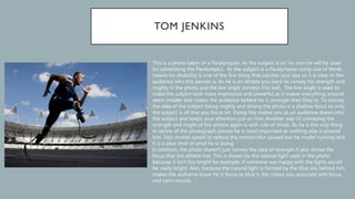 This is a photo taken of a Paralympian. As the subject is on his own he will be used
for advertising the Paralympics. As the subject is a Paralympian using rule of thirds
means his disability is one of the first thing that catches your eye so it is clear to the
audience who this person is. As he is an athlete you want to convey his strength and
mighty in the photo and the low angle conveys this well. The low angle is used to
make the subject look more impressive and powerful as it makes everything around
seem smaller and makes the audience believe he is stronger than they’re. To convey
the idea of the subject being mighty and strong the photo is a shallow focus so only
the subject is all that you focus on. Doing this makes you as an audience drawn into
the subject and keeps your attention just on him. Another way of conveying the
strength and might of the athlete again is with rule of thirds. As he is the only thing
in centre of the photograph proves he is most important as nothing else is around
him. Fast shutter speed to reduce the motion blur caused but he model running and
it is a clear shot of what he is doing.
In addition, the photo doesn’t just convey the idea of strength it also shows the
focus that the athlete has. This is shown by the natural light used in the photo
because it isn’t too bright for example, if someone was happy with the lights would
be really bright. Also, because the natural light is formed by the blue sky behind him
makes the audience know he is focus as blue is the colour you associate with focus
and calm moods.
 