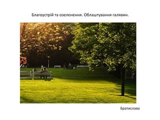 Братислава
Благоустрій та озеленення. Облаштування галявин.
 