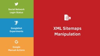Social Network
Login Status
Googlebot
Experiments
Google
Manual Actions
XML Sitemaps
Manipulation
 