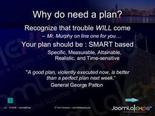 Why do need a plan? <ul><li>Recognize that trouble  WILL  come </li></ul><ul><ul><li>Mr. Murphy on line one for you… </li>...