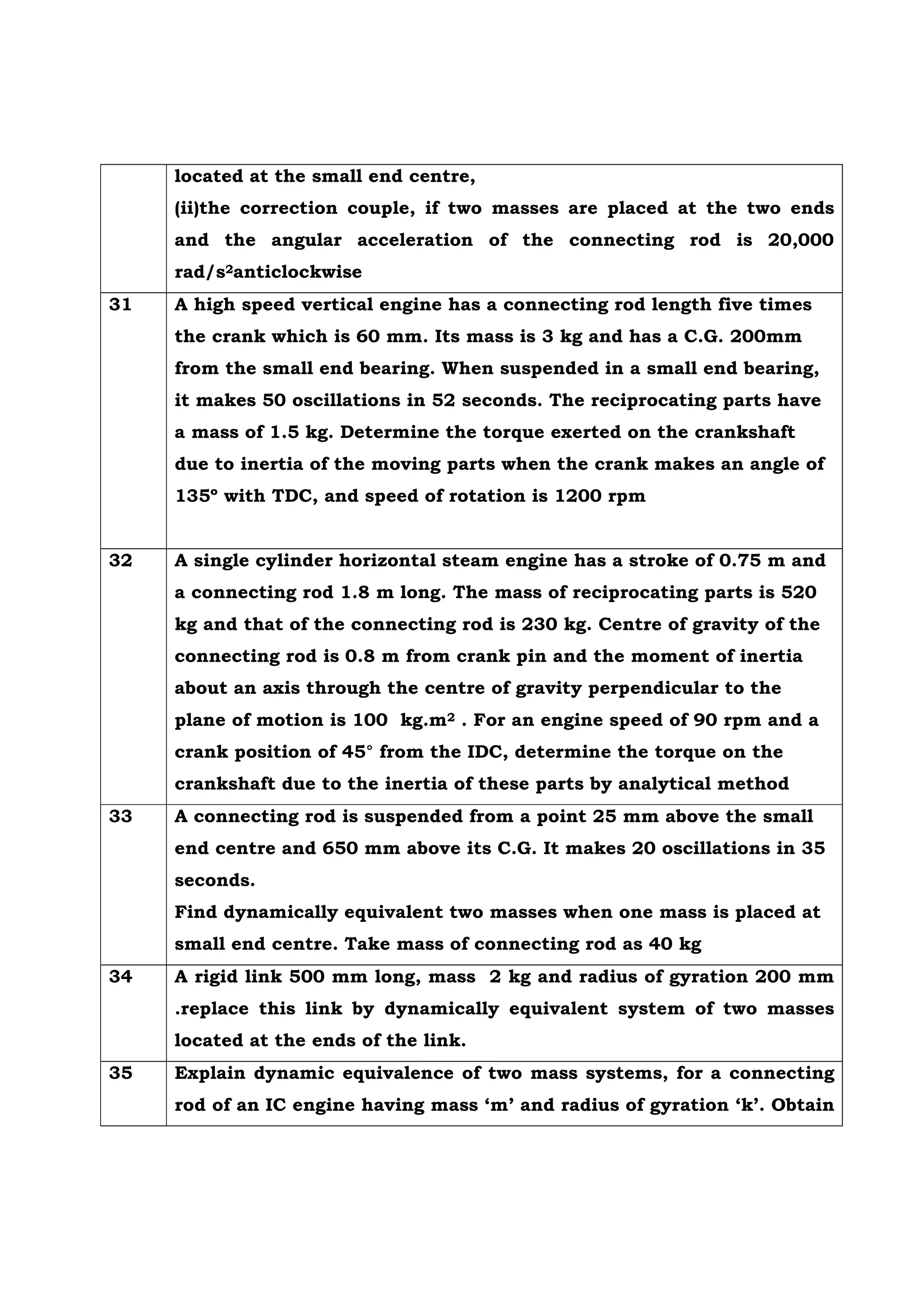 located at the small end centre,
(ii)the correction couple, if two masses are placed at the two ends
and the angular acceleration of the connecting rod is 20,000
rad/s2anticlockwise
31 A high speed vertical engine has a connecting rod length five times
the crank which is 60 mm. Its mass is 3 kg and has a C.G. 200mm
from the small end bearing. When suspended in a small end bearing,
it makes 50 oscillations in 52 seconds. The reciprocating parts have
a mass of 1.5 kg. Determine the torque exerted on the crankshaft
due to inertia of the moving parts when the crank makes an angle of
135º with TDC, and speed of rotation is 1200 rpm
32 A single cylinder horizontal steam engine has a stroke of 0.75 m and
a connecting rod 1.8 m long. The mass of reciprocating parts is 520
kg and that of the connecting rod is 230 kg. Centre of gravity of the
connecting rod is 0.8 m from crank pin and the moment of inertia
about an axis through the centre of gravity perpendicular to the
plane of motion is 100 kg.m2 . For an engine speed of 90 rpm and a
crank position of 45° from the IDC, determine the torque on the
crankshaft due to the inertia of these parts by analytical method
33 A connecting rod is suspended from a point 25 mm above the small
end centre and 650 mm above its C.G. It makes 20 oscillations in 35
seconds.
Find dynamically equivalent two masses when one mass is placed at
small end centre. Take mass of connecting rod as 40 kg
34 A rigid link 500 mm long, mass 2 kg and radius of gyration 200 mm
.replace this link by dynamically equivalent system of two masses
located at the ends of the link.
35 Explain dynamic equivalence of two mass systems, for a connecting
rod of an IC engine having mass ‘m’ and radius of gyration ‘k’. Obtain
 