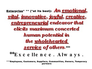 Enter p rise * ** (*at its best):   An  emotional ,  vital ,  innovative ,  joyful ,  creative ,  entrepreneurial  endeavo...