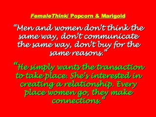 FemaleThink / Popcorn & Marigold “Men and women don’t think the same way, don’t communicate the same way, don’t buy for the same reasons.” “ He simply wants the transaction to take place. She’s interested in creating a relationship. Every place women go, they make connections.” 