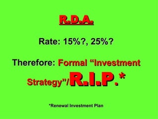 R.D.A. Rate: 15%?, 25%? Therefore:  Formal “Investment Strategy”/ R.I.P .* *Renewal Investment Plan 
