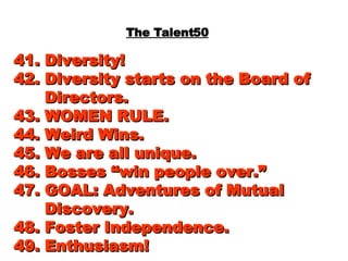 The Talent50 41. Diversity! 42. Diversity starts on the Board of   Directors. 43. WOMEN RULE. 44. Weird Wins. 45. We are all unique.  46. Bosses “win people over.” 47. GOAL: Adventures of Mutual   Discovery. 48. Foster Independence. 49. Enthusiasm! 
