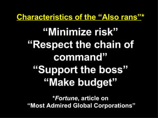 Characteristics of the “Also rans” * “Minimize risk” “Respect the chain of command” “Support the boss” “Make budget” * Fortune , article on  “Most Admired Global Corporations” 
