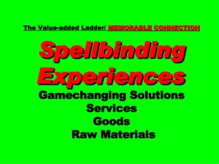 The Value-added Ladder/  MEMORABLE CONNECTION Spellbinding Experiences   Gamechanging Solutions Services Goods  Raw Materials 