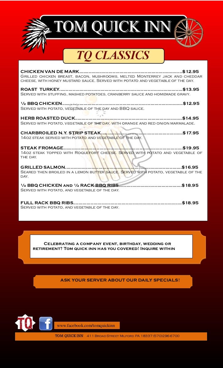 Tom Quick Inn Restaurant Menu Milford,PA