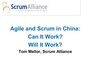 Agile and Scrum in China:
       Can It Work?
       Will It Work?
  Tom Mellor, Scrum Alliance
 