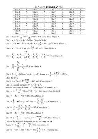 ĐÁP ÁN VÀ HƯỚNG DẪN GIẢI
Câu 1 A Câu 12 B Câu 23 B Câu 34 D
Câu 2 A Câu 13 A Câu 24 C Câu 35 B
Câu 3 C Câu 14 C Câu 25 A Câu 36 D
Câu 4 D Câu 15 B Câu 26 A Câu 37 C
Câu 5 C Câu 16 B Câu 27 C Câu 38 B
Câu 6 B Câu 17 D Câu 28 C Câu 39 C
Câu 7 A Câu 18 C Câu 29 A Câu 40 C
Câu 8 A Câu 19 C Câu 30 C Câu 41 C
Câu 9 C Câu 20 B Câu 31 A Câu 42 A
Câu 10 D Câu 21 A Câu 32 C Câu 43 A
Câu 11 A Câu 22 D Câu 33 B Câu 44 A
Câu 1: Ta có: I =
2
1
mR2
=
2
1
.2.0,52
= 0,25 kg.m2
. Chọn đáp án A.
Câu 2: M = F.d = 30.4 = 120 N.m. Chọn đáp án D.
Câu 3: L = I.ω = I.2π n = 0,75.2.3,14.
5,1
10
= 31,4 kgm2
/s. Chọn đáp án C.
Câu 4: M = F.d = I.γ ⇒
I
dF.
=γ = 40 rad/s2
. Chọn đáp án D.
Câu 6: 16
3
4
.
1
12
..
2
2
.
.
=====
g
p
p
g
g
p
g
p
gg
pp
g
p
R
R
T
T
R
R
T
T
R
R
V
V
π
π
ω
ω
. Chọn đáp án B.
Câu 7: 12
2
2
===
p
g
g
p
g
p
T
T
T
T
π
π
ω
ω
. Chọn đáp án A.
Câu 8:
γ
M
I = =240kg.m2
mà I =
2
1
mR2
. Suy ra 2
2
R
I
m = = 2
2
240.2
= 120 kg.
Chọn đáp án A.
Câu 9: nπω 2= =2.π .
60
5400
= 180 rad/s. Chọn đáp án C.
Câu 14: Theo đề bài ta có: tγωω += 0 = 2γ .
Mômen động lượng L=Iω=I.2γ =2M=6kgm2
/s. Chọn đáp án C.
Câu 16:
t∆
−
= 0
ωω
γ =12 rad/s2
; I =
γ
M
= 0,25 kg.m2
. chọn đáp án B.
Câu 17: 2
2
1
ωIWđ = =8.107
J. Chọn đáp án D.
Câu 19: 22
.
2
1
.
2
1
BBAA II ωω = . Suy ra: 2
2
B
A
A
B
I
I
ω
ω
= =16. Chọn đáp án C.
Câu 24: 192.
.
.
2
2
2
2
===
g
p
p
g
gg
pp
g
p
R
R
T
T
R
R
a
a
ω
ω
. Chọn đáp án C.
Câu 29: 2
2
1
ωIWđ = =1000J. Chọn đáp án A.
Câu 39:
I
M
=γ = 5 rad/s2
. Suy ra: t =
γ
ωω 0
−
= 20s. Chọn đáp án C.
Câu 40: Áp dụng quy tắc mômen lực. Ta có: T.OA = P. OG
Suy ra T = P.
OA
OG
=
2
P
=
2
mg
= 5N. chọn đáp án C.
Câu 44: I = mr2
+ 3m.r2
= 4m.r2
= 4m
2
2






= m  . Chọn đáp án A.
 